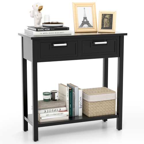 GYMAX  Narrow Console Table With Drawers Retro Accent Sofa Table W/ Open Storage In Black