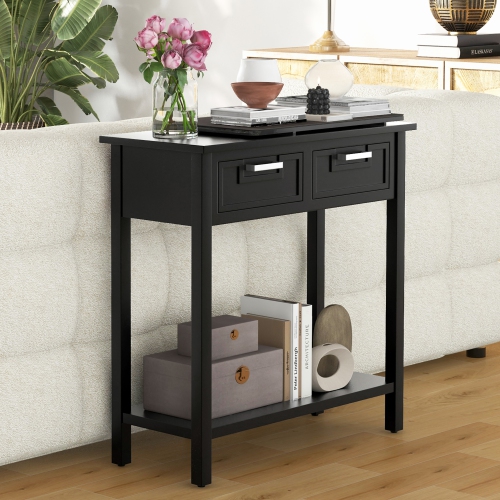 Gymax Narrow Console Table with Drawers Retro Accent Sofa Table w/ Open Storage Black