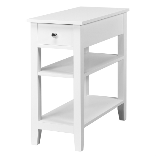 GYMAX  3 Tier Nightstand Bedside Table Sofa Side End Table W/double Shelves Drawer In White