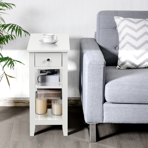 Gymax 3 Tier Nightstand Bedside Table Sofa Side End Table w/Double Shelves Drawer White