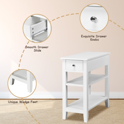 Gymax 3 Tier Nightstand Bedside Table Sofa Side End Table w/Double Shelves Drawer White