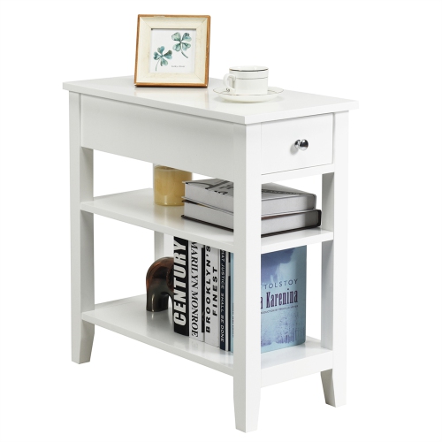 Gymax 3 Tier Nightstand Bedside Table Sofa Side End Table w/Double Shelves Drawer White