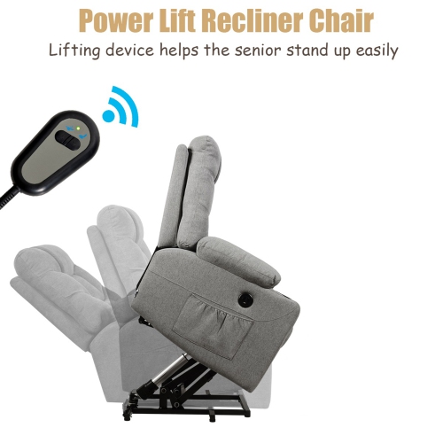Gymax Power Lift Massage Recliner Fabric Sofa Chair w/ Remote Control