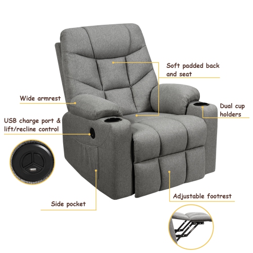Gymax Power Lift Massage Recliner Fabric Sofa Chair w/ Remote Control