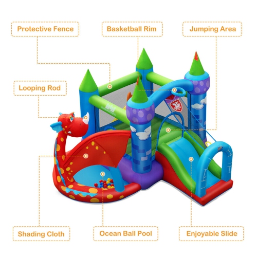 Gymax Kids Inflatable Bounce House Dragon Jumping Slide Bouncer Castle W/ 750W Blower