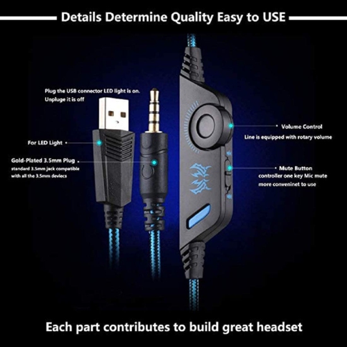 Gaming Headset for PC PS4, Professional Stereo Headset with Noise-Cancelling Microphone, LED Light, in-line Volume Control