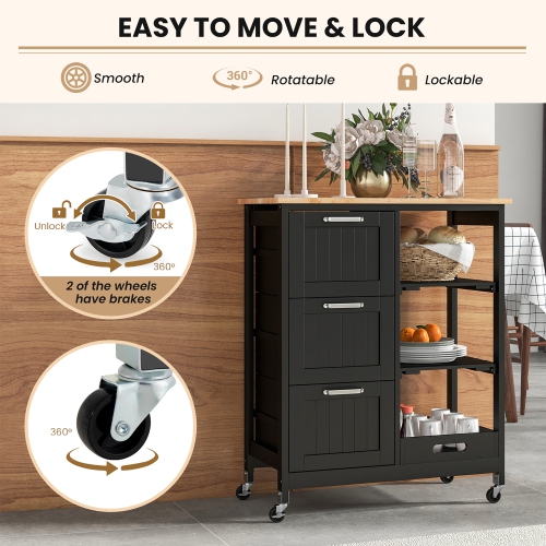 Gymax Rolling Kitchen Island Utility Storage Cart w/ 3 Storage Drawers & Shelves