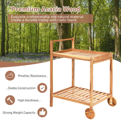 Gymax 2-Tier Acacia Rolling Kitchen Trolley Cart Dining Serving Cart Outdoor w/ Wheels