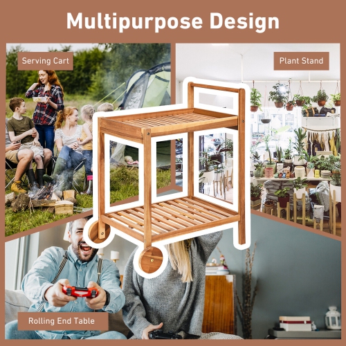 Gymax 2-Tier Acacia Rolling Kitchen Trolley Cart Dining Serving Cart Outdoor w/ Wheels