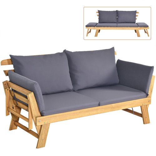 Gymax Adjustable Patio Sofa Daybed Acacia Wood Furniture w/ Cushion Pillow