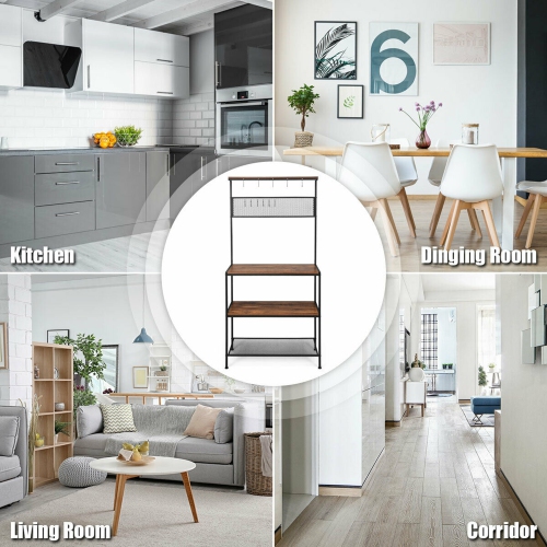 Gymax 4-Tier Kitchen Bakers Rack Microwave Oven Stand Industrial w/Hooks & Mesh Panel