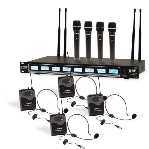 Pyle 8 Ch UHF Wireless Microphone System, Mountable Base, 4 handheld MICS, Headsets, Belt Packs, Lavelier MICS,(PDWM8350)