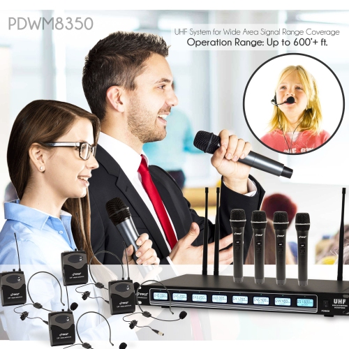 Pyle 8 Ch UHF Wireless Microphone System, Mountable Base, 4 handheld MICS, Headsets, Belt Packs, Lavelier MICS,(PDWM8350)
