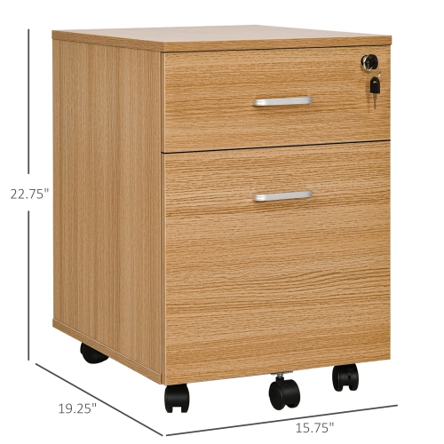 Vinsetto 2 Drawer File Cabinet with Lock and Keys, Mobile Vertical Filing Cabinet with Wheels and Drawers, Home Office Cabinet, Natural