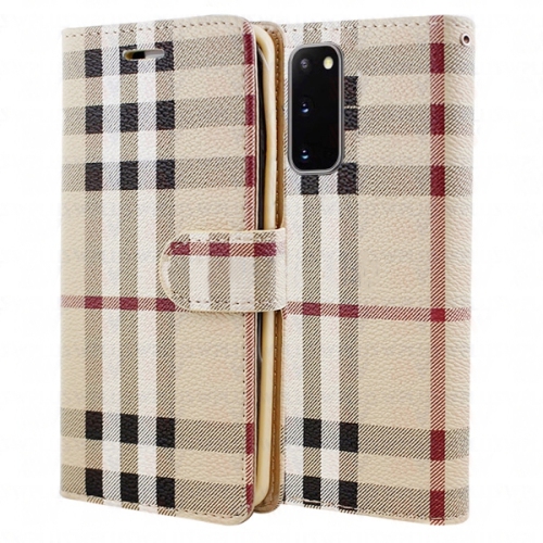 【CSmart】 Magnetic Card Slot Leather Folio Wallet Flip Case Cover for Samsung Galaxy S20, Beige Plaid