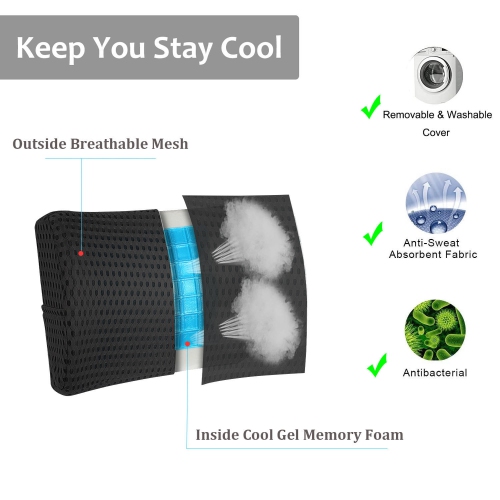 Cool Gel Memory Foam Lumbar Support Pillow, Black(310 x 360 x 120mm) used for Car Seat, Chair, Home, Seat - Moustache®-Black