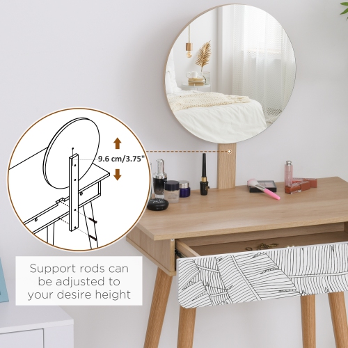 HOMCOM Vanity Desk with Mirror, Makeup Vanity with Drawer and Height Adjustable Mirror, Dressing Table with Wood Legs for Bedroom, Oak
