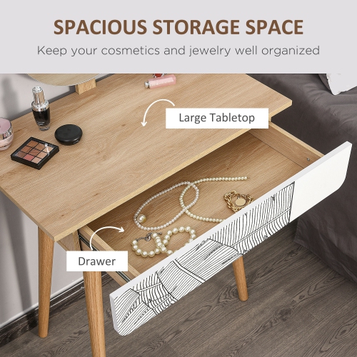 HOMCOM Vanity Desk with Mirror, Makeup Vanity with Drawer and Height Adjustable Mirror, Dressing Table with Wood Legs for Bedroom, Oak