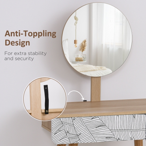 HOMCOM Vanity Desk with Mirror, Makeup Vanity with Drawer and Height Adjustable Mirror, Dressing Table with Wood Legs for Bedroom, Oak