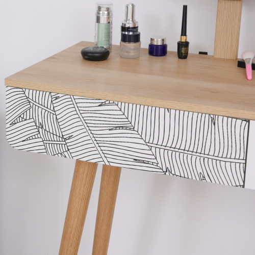 HOMCOM Vanity Desk with Mirror, Makeup Vanity with Drawer and Height Adjustable Mirror, Dressing Table with Wood Legs for Bedroom, Oak