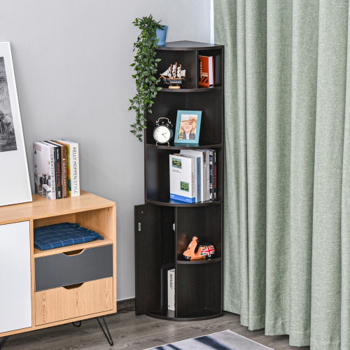 HOMCOM 5-Tier Corner Bookcase, Storage Bookshelf, Freestanding Display Shelves with Open Compartments and Cabinet for Home Office, Living Room,