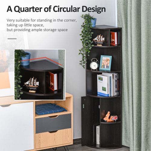HOMCOM 5-Tier Corner Bookcase, Storage Bookshelf, Freestanding Display Shelves with Open Compartments and Cabinet for Home Office, Living Room,