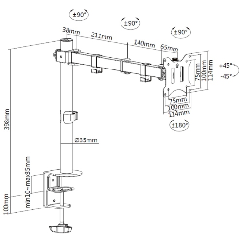Amer Mounts Single Monitor C-Clamp Desk Mount Fully Adjustable/Tilt/Articulating For 17"-32" Screens - EZCLAMP
