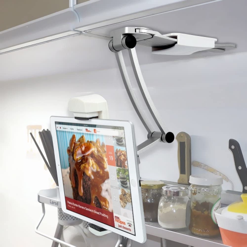 ALUMINUM Tablet Stand Mount - Office & Kitchen Tablet Holder Adjustable arm Cell Phone ipad holder fits 4"- 12.9" Tablets and Phone - Desktop Mount