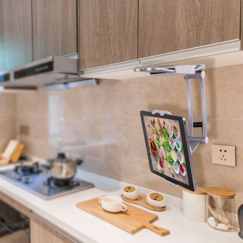 ALUMINUM Tablet Stand Mount - Office & Kitchen Tablet Holder Adjustable arm Cell Phone ipad holder fits 4"- 12.9" Tablets and Phone - Desktop Mount