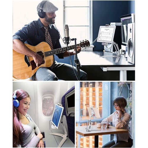 ALUMINUM Tablet Stand Mount - Office & Kitchen Tablet Holder Adjustable arm Cell Phone ipad holder fits 4"- 12.9" Tablets and Phone - Desktop Mount