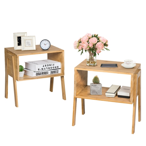 Costway Set of 2 Bamboo Nightstand Stackable Sofa Table Bedside Table with Storage Shelf