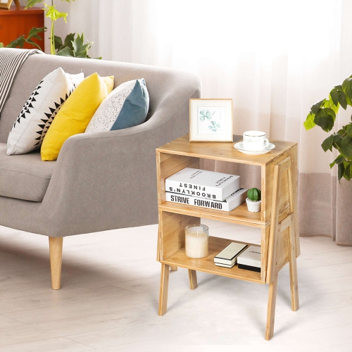Costway Set of 2 Bamboo Nightstand Stackable Sofa Table Bedside Table with Storage Shelf