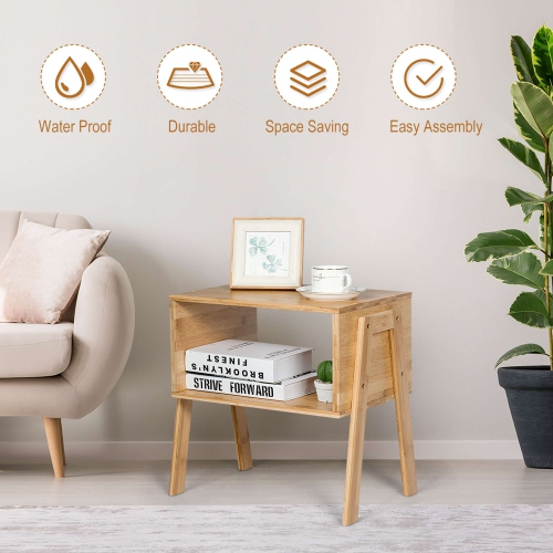Costway Set of 2 Bamboo Nightstand Stackable Sofa Table Bedside Table with Storage Shelf