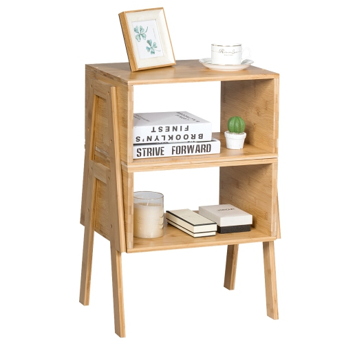 Costway Set of 2 Bamboo Nightstand Stackable Sofa Table Bedside Table with Storage Shelf