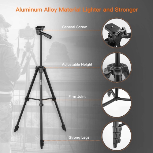 55 Inch Camera Tripod with Universal Smartphone Holder, Lightweight Travel Tripod with Carry Bag, Maximum Load Capacity 6.6 LB, for Rangefinder,