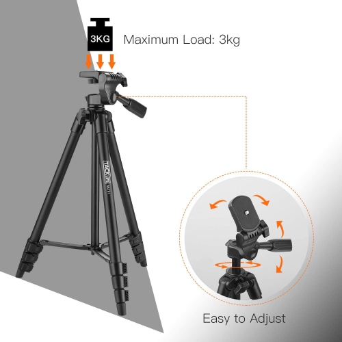 55 Inch Camera Tripod with Universal Smartphone Holder, Lightweight Travel Tripod with Carry Bag, Maximum Load Capacity 6.6 LB, for Rangefinder,