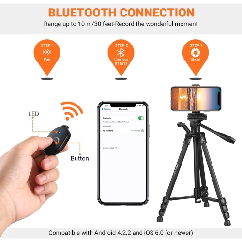 Tripod with Wireless Bluetooth Remote, 60-Inch used for Camera/Phone/Travel , having Max Load of 11 Lbs, 360 Degree Swivel, Universal Smartphone