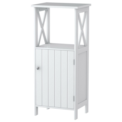 Gymax Bathroom Floor Storage Cabinet Organizer w/ Door Adjustable Shelf White