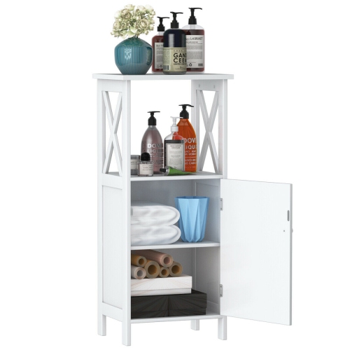 Gymax Bathroom Floor Storage Cabinet Organizer w/ Door Adjustable Shelf White