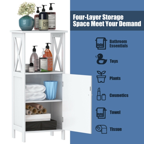 Gymax Bathroom Floor Storage Cabinet Organizer w/ Door Adjustable Shelf White