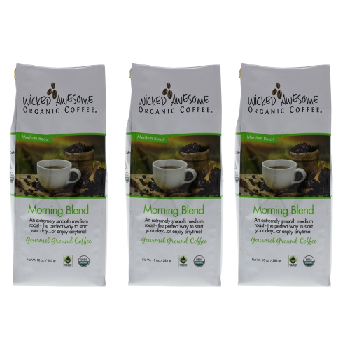 Wicked Awesome Organic Morning Blend Ground Gourmet Coffee by Bostons Best for - 10 oz Coffee - Pack of 3