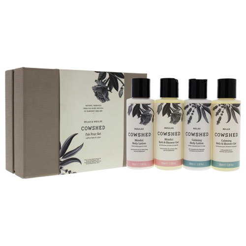 Relax and Indulge Fab Four Set by Cowshed for Women - 4 x 3.38 oz Relax Calming Bath and Shower Gel, Relax Calming Body Lotion, Indulge Blissful Bath and Shower Gel, Indulge Blissful Body Lotion