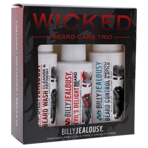 Wicked Beard Trio Kit by Billy Jealousy for Men - 3 Pc 2oz Beard Wash Cleanse and Refresh, 2oz Beard Control Smooth and Style, 2oz Devils Delight Beard Oil