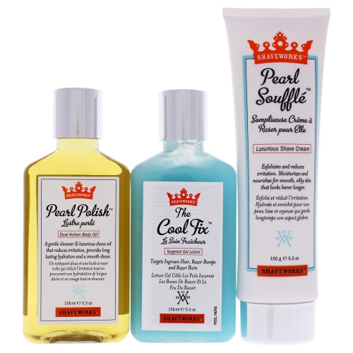 The Works Bare Perfection Kit by Shaveworks for Unisex - 3 Pc 5.3oz Cool Fix Gel Lotion, 5.3oz Pearl Souffle Shave Cream, 5.3oz Pearl Polish Dual