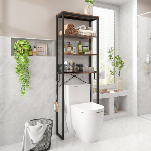 Gymax Over The Toilet Storage 4-Tier Industrial Over-the-Toilet Space Saver Storage Rack Rustic Brown