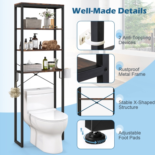 Gymax Over The Toilet Storage 4-Tier Industrial Over-the-Toilet Space Saver Storage Rack Rustic Brown