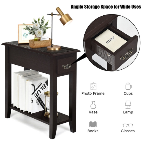 Gymax Set of 2 Nightstand 2 Tier End Bedside Sofa Side Table w/Drawer &Shelf Espresso