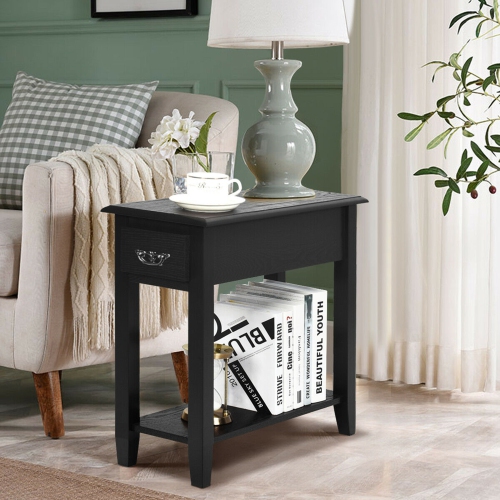 Gymax Set of 2 Nightstand 2 Tier End Bedside Sofa Side Table w/Drawer &Shelf Black