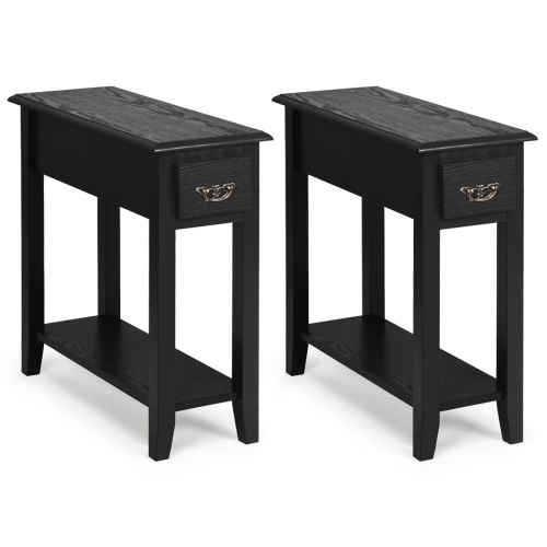 Gymax Set of 2 Nightstand 2 Tier End Bedside Sofa Side Table w/Drawer &Shelf Black