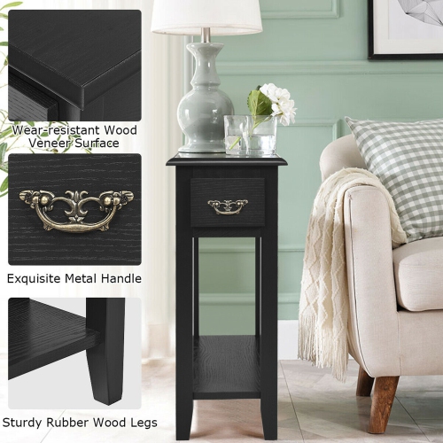 Gymax Set of 2 Nightstand 2 Tier End Bedside Sofa Side Table w/Drawer &Shelf Black